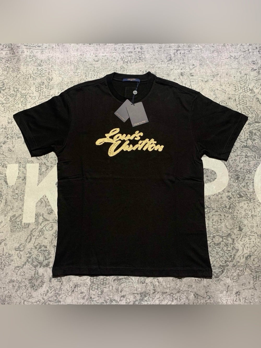 Louis Vuitton Black Short Sleeve Tee with Gold Script Logo